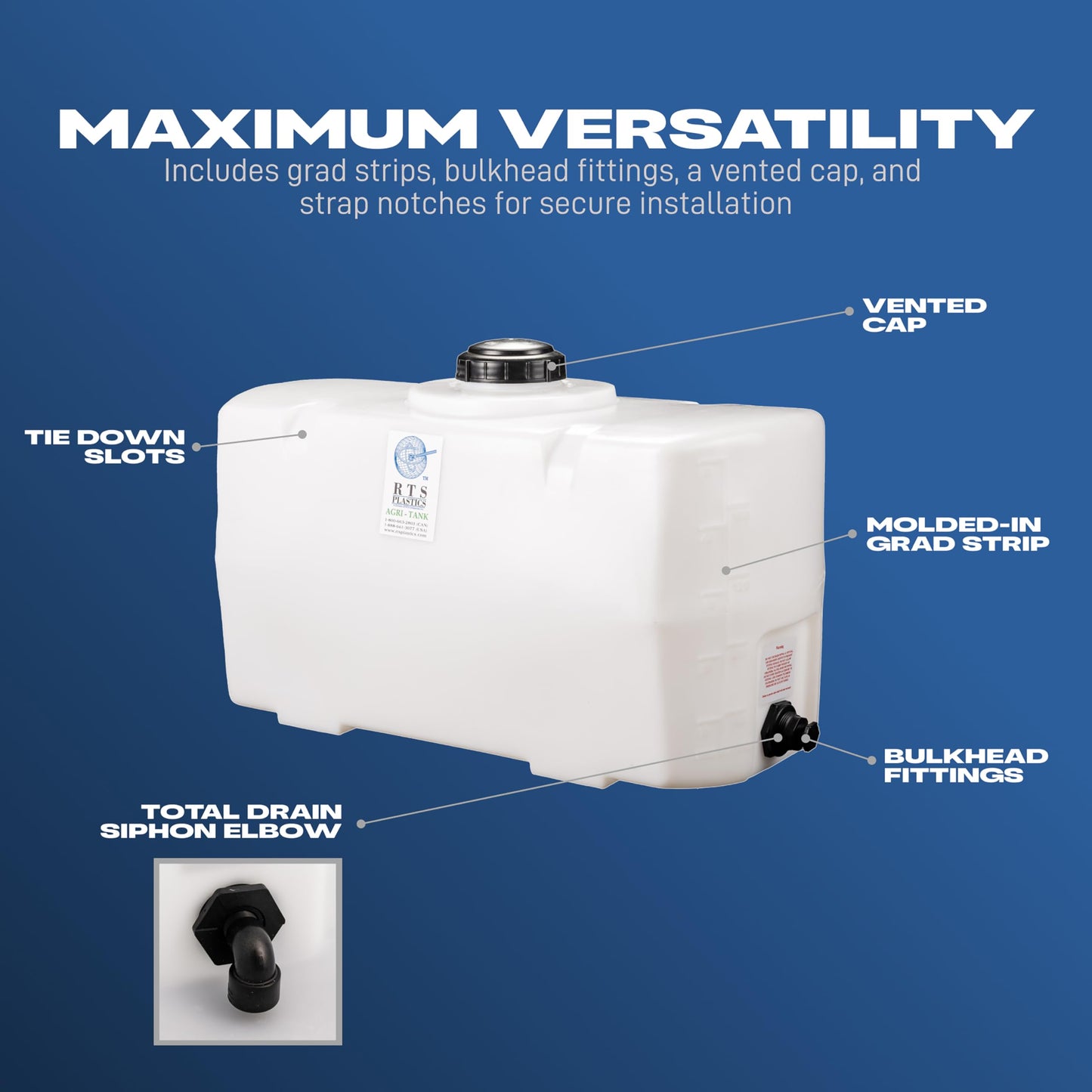 RTS Plastics Rotomolded Polyethylene PCO-50 Gallon Tank for Water and Non-Flammable Liquids with Molded Grad Strip and Siphon Elbow