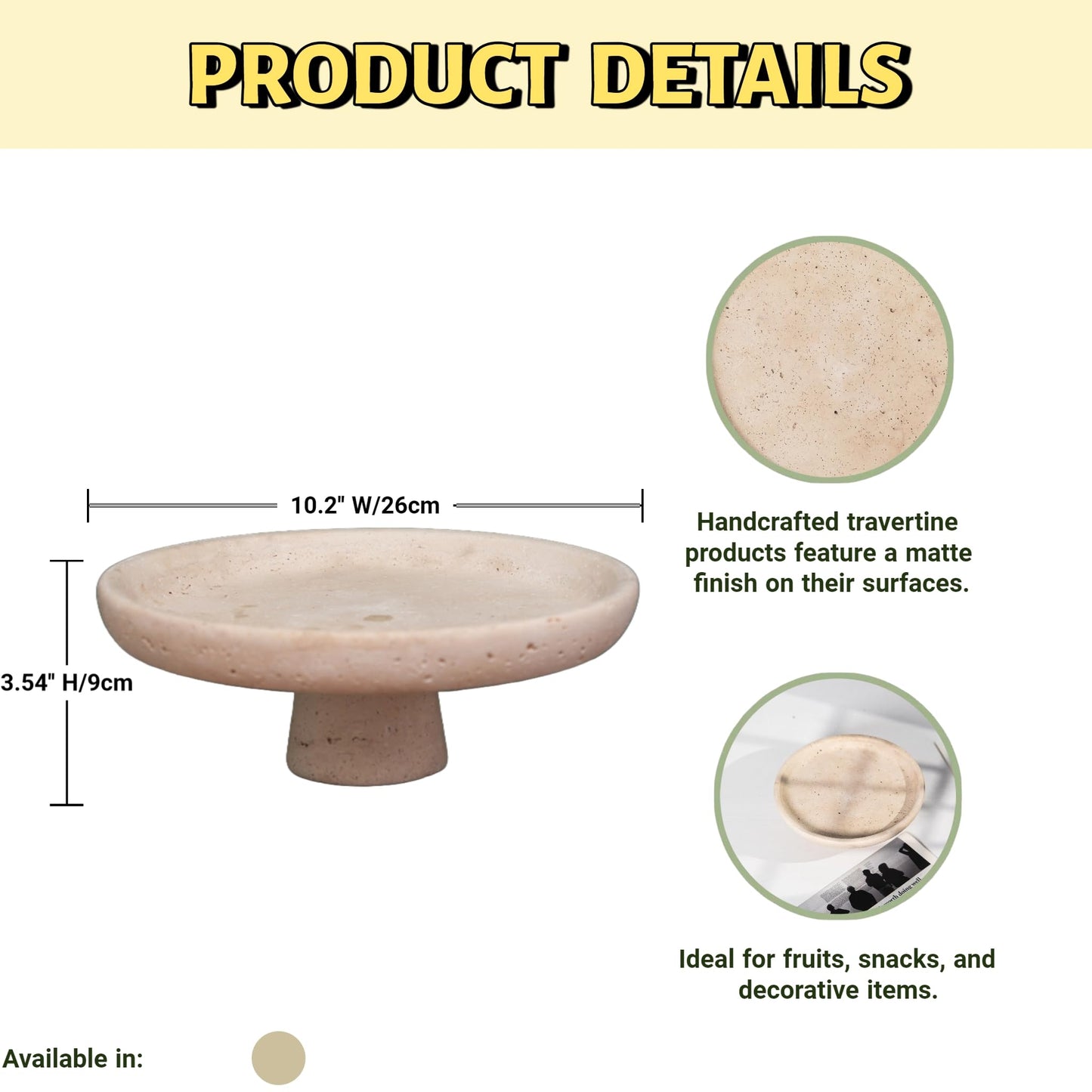 Natural Travertine Fruit Bowl 11.8" – Large Decorative Bowl & Travertine Decor Pedestal for Kitchen Counter & Dining Table ,For Entryway, Kitchen Fruit Bowl, Potpourri, Dining Table Centerpiece.
