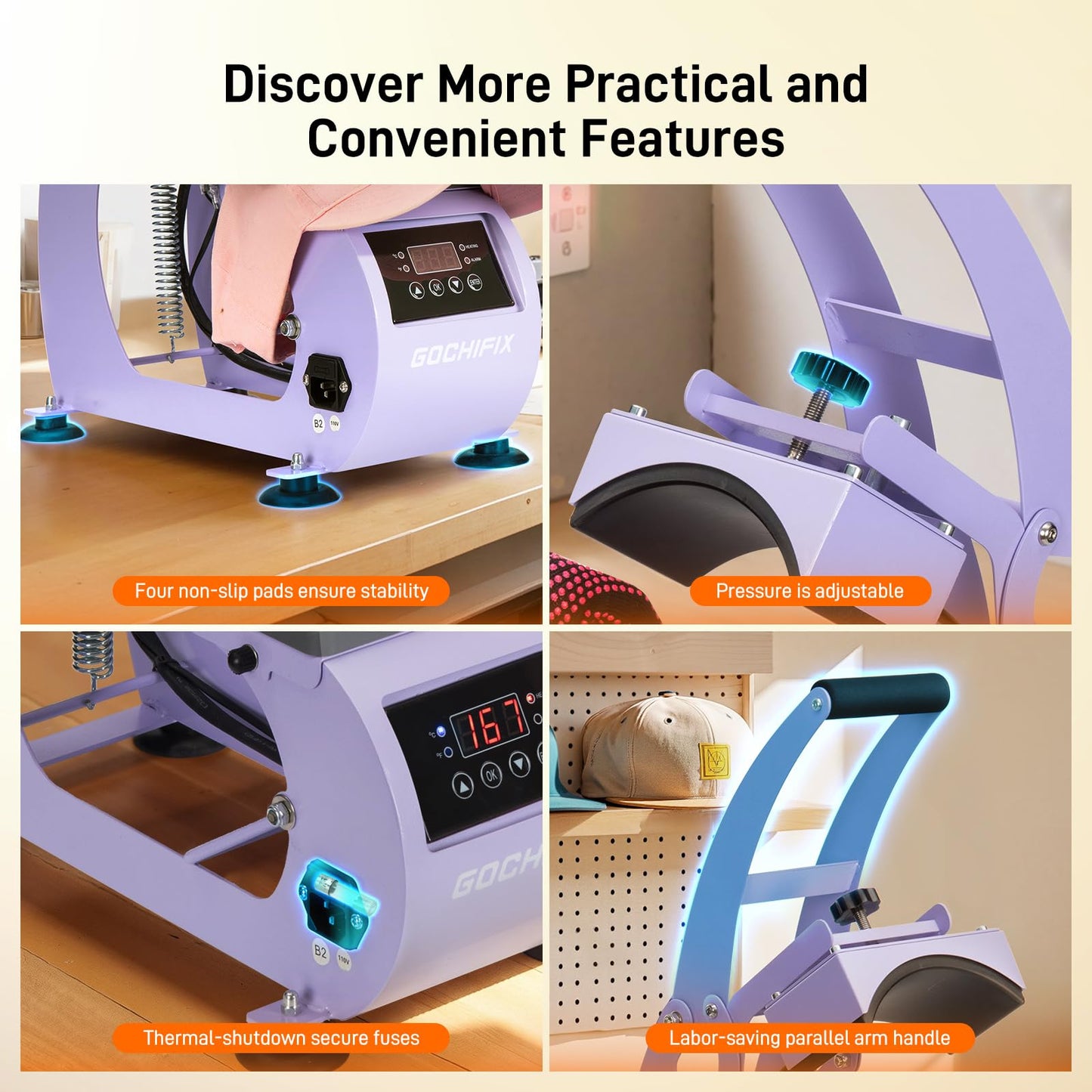 GOCHIFIX Heat Press, Precise Temp/Timer Control, 6.54"x3.84"Curved Heat Plate, 2 Hat Pad, Hat Stretcher, Safety Base, Glove, Hat Press Heat Machine for Caps, Sublimation, Vinyl, Heat Transfer