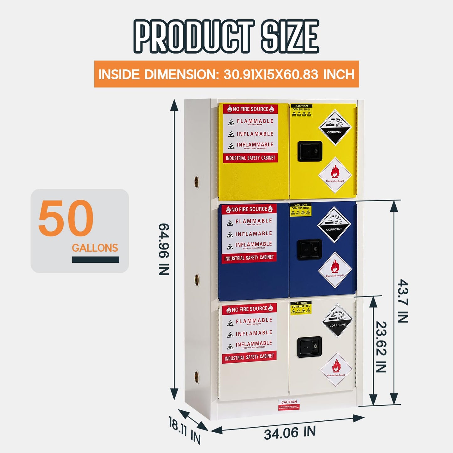 SPECRAFT 50 Gal Flammable Safety Cabinet, 65x34x18 Inch, 3-in-1 Storage, Adjustable Shelves, Cold-Rolled Steel, OSHA & CE Certified, for Industrial, Lab, Institutional Use, Yellow/Blue/Grey