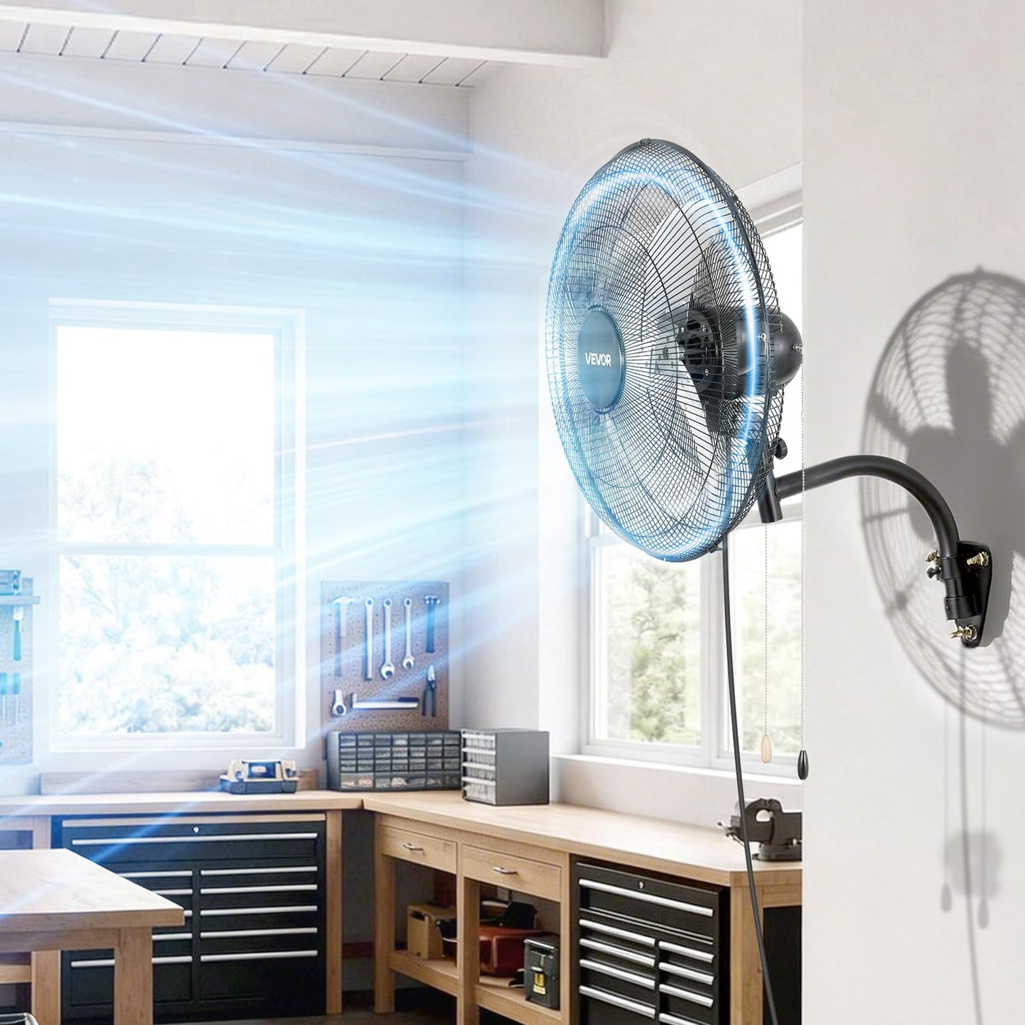 VEVOR Wall Mount Fan, 20 in Wall Mounted Hanging Fan Oscillating, 3-Speed, Long Airflow Distance, Adjustable Rotation Angle, Mechanical Powerful for Industry, Commercial, Garage, Workshop, Gym, 2 Pack