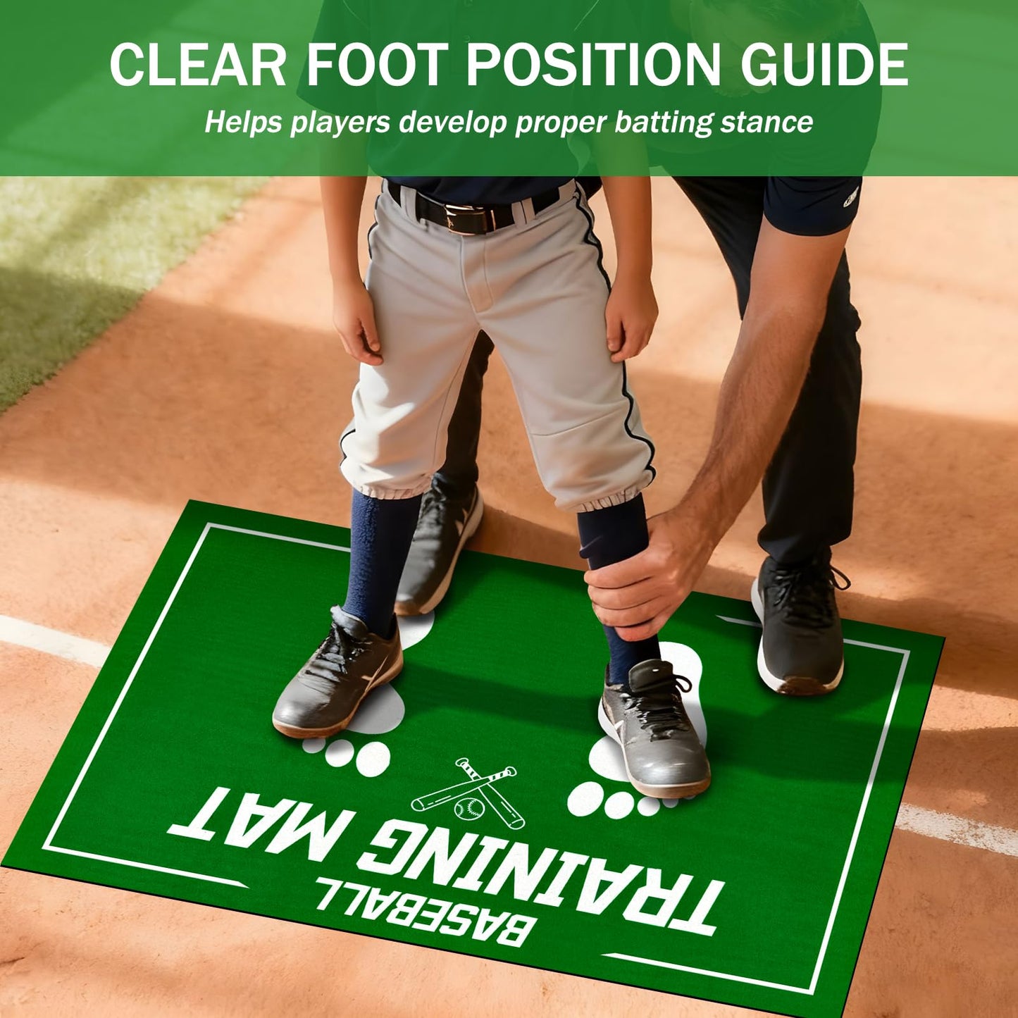 Baseball Training Mat, Baseball and Softball Batter Stance Hitting Mat, Improve Posture, Batting Mat with Toes Facing Place, Silent Anti-Skid, Baseball Training Equipment, 35.4 * 23.6 Inch (Green)