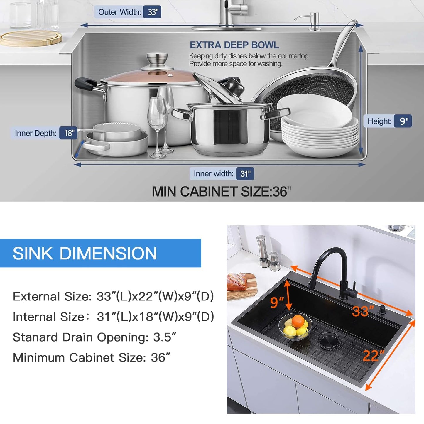 UFaucet 33x22 Drop In Kitchen Sinks Black, Gunmetal Black Stainless Steel Workstation 16Guage Topmount Single Bowl 9 Inch Deep Sink for Kitchen with Integrated Accessories and Features