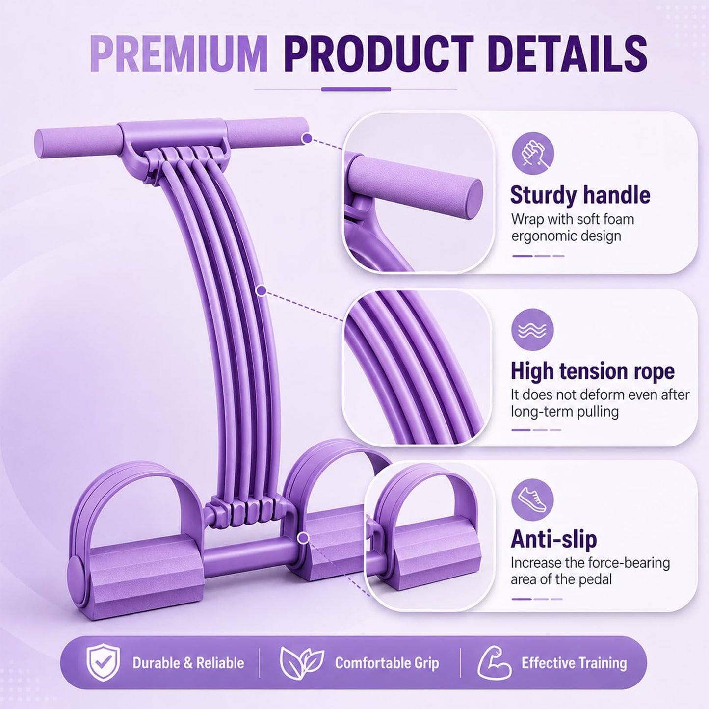 Pedal Resistance Band with Handles, 8 Tube Upgraded Exercise Band, 3-in-1 Multi-Function Latex Fitness Equipment for Foot Pull, Back & Chest Workout (Purple)