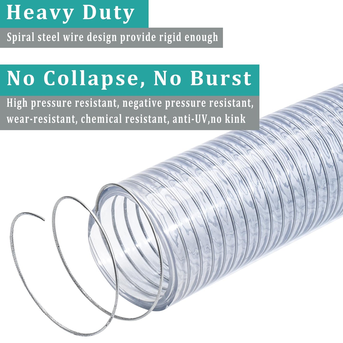 Flexible Hose 1 1/2" id - 50ft Clear PVC Spiral Steel Wire Reinforced Vinyl Tubing 1.5 inch Plastic Vacuum Pipe Flex Suction Hose for Dust Collection Boat Marine Pump, Drain Water Fuel Gas