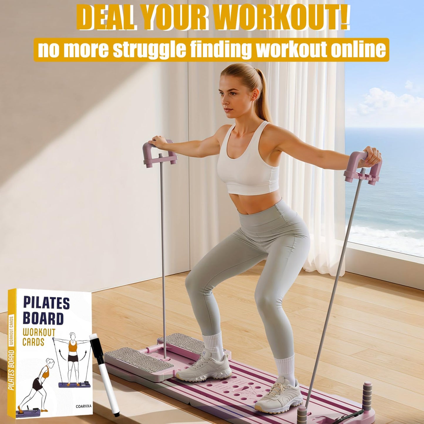 Pilates Board for Women-71 Exercise Cards with Pilates Board，Includes 4-Week Challenge,2 Rings& Dry-Erase for Easy Organization-Home, Gym or Studio (Pilates Board)