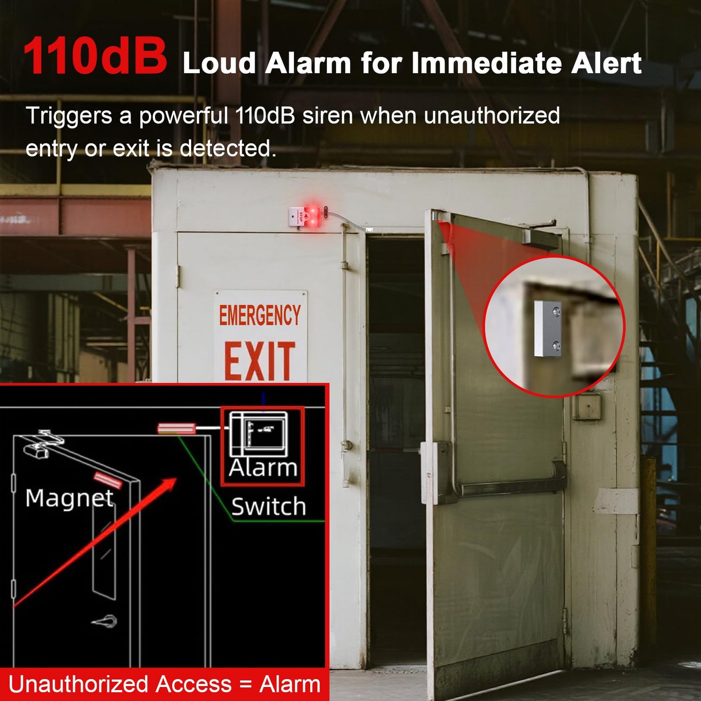 Exit Door Alarm with 110dB Siren, Emergency Exit Security Device, Easy Installation, Battery Powered, Magnetic Sensor for Unauthorized Entry Prevention, Home, Warehouse, Office, Retail Use