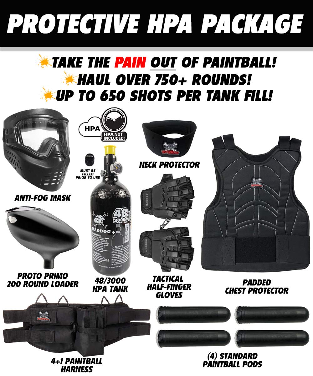 Maddog JT Stealth Basic Paintball Gun Marker and Accessory Starter Package [HPA] | Protective Kit - Marker, 48ci/3000psi Compressed Air Tank, Mask, Hopper, Pods, Harness & Protective Gear