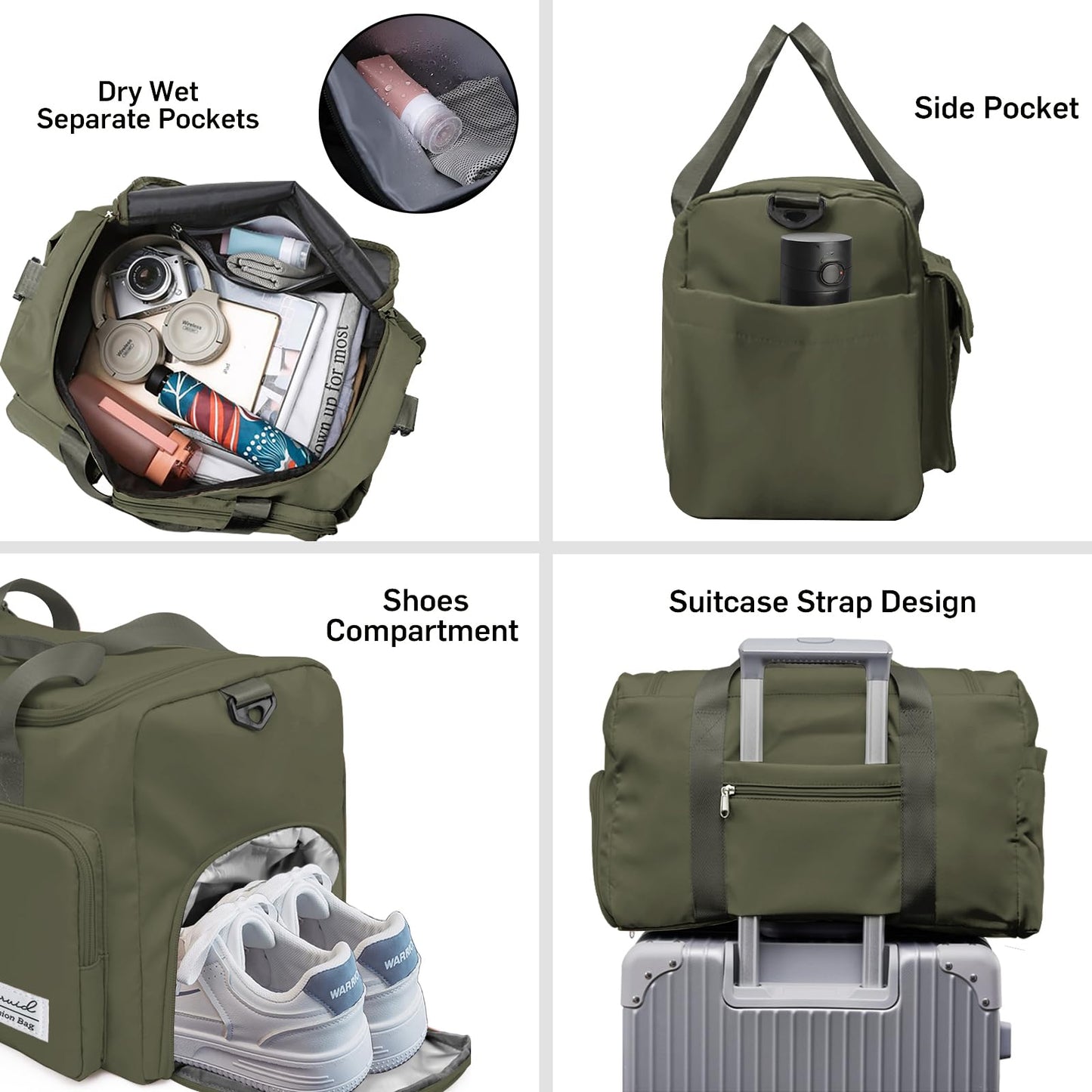 Suruid Travel Duffel Bag with Shoes Compartment Sports Gym Bag with Dry Wet Separated Pocket for Men and Women, Overnight Bag Weekender Bag Training Handbag Yoga Bag - Olive Green