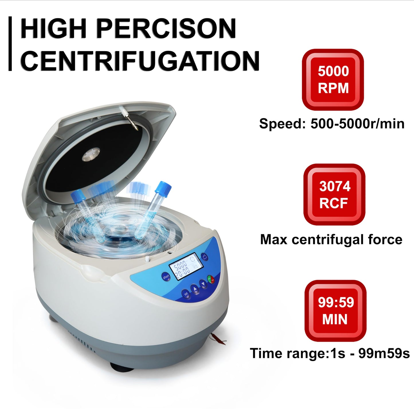 Vision Scientific VS-TC-SPINPLUS-8 Digital Bench-top Centrifuge | 500-5000rpm (Max. 3074xg) | LCD Display | Includes 15ML X 8 Rotor