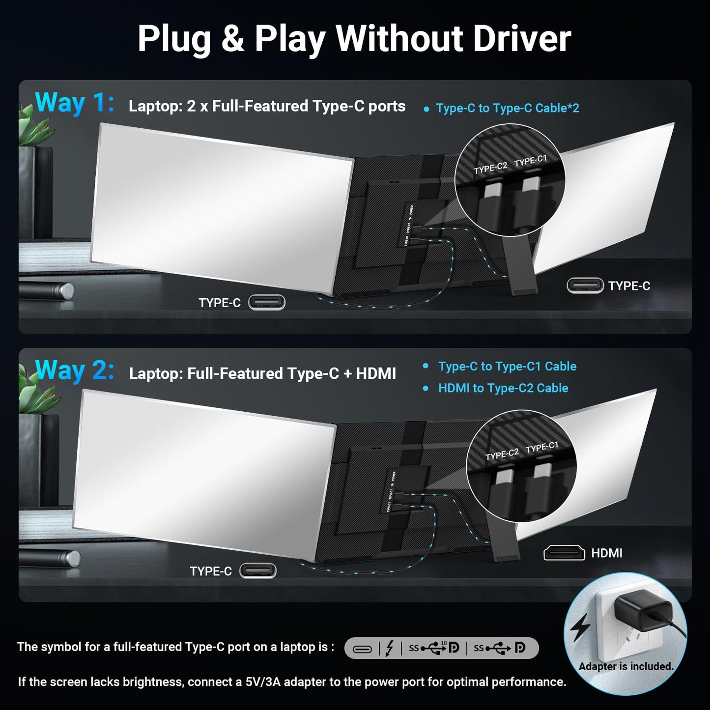 15.6" Laptop Screen Extender, 1080P FHD Triple Portable Monitor for Laptops, Ultra-Slim Travel Dual Monitor Fit for 13-17.3" Laptops, USB-C Plug&Play Extended Screen Compatible with Win/Mac/Android