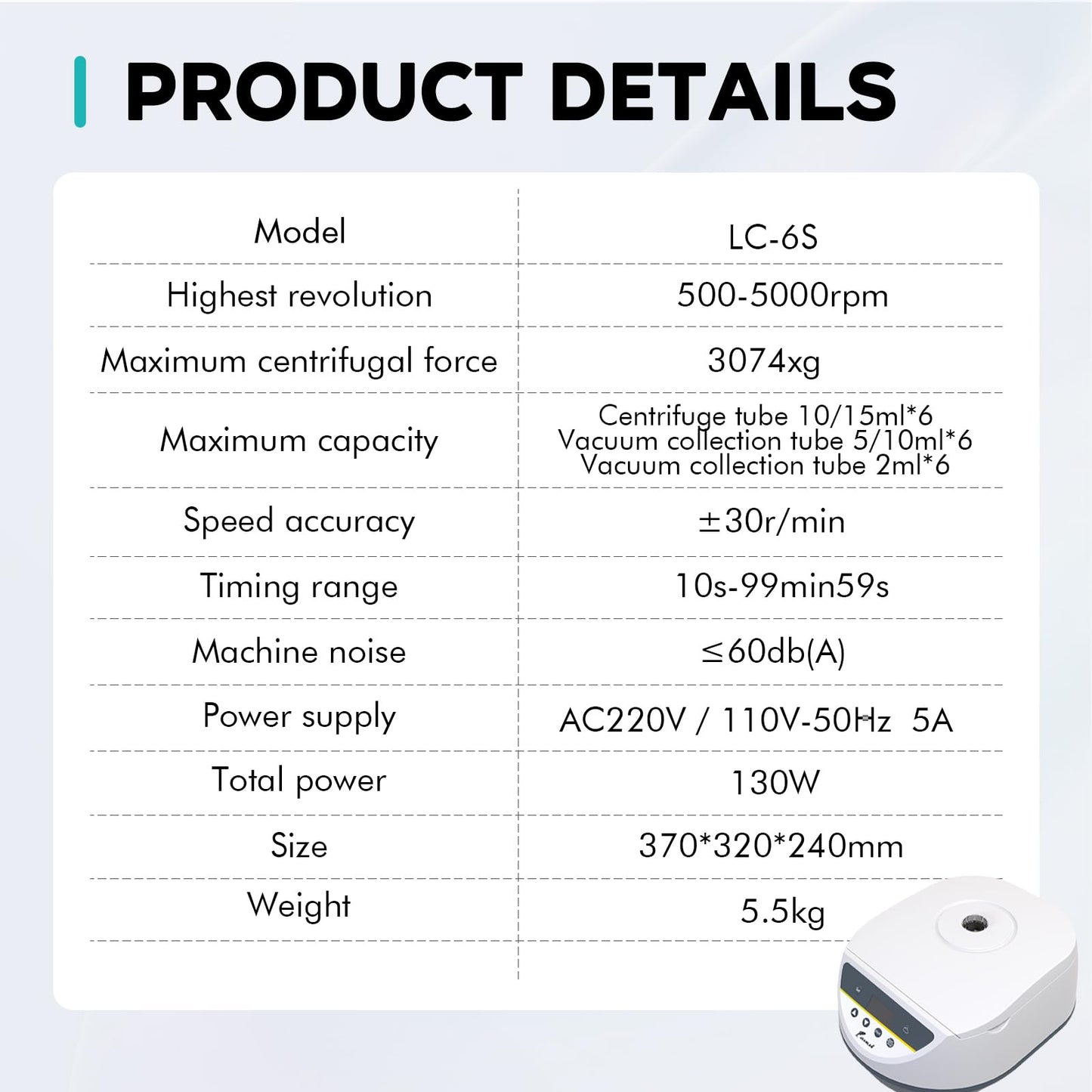LAB FISH PRP Lab Benchtop Centrifuge Machine 6 x 2ml/5ml/10ml/15ml Capacity Test Tubes,Low Speed 500-5000r/min,Max 3074xg RCF