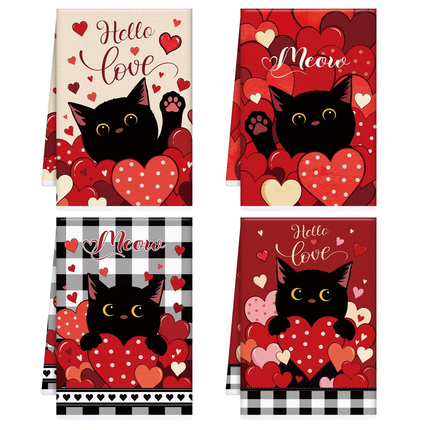 VISSTREE Valentines Day Kitchen Towels, 4 PCS Black Cat Red Heart Dish Towels, Absorbent Hello Love Dish Cloth Hand Towel for Kitchen Anniversary Wedding Valentines Decoration Housewarming Gifts