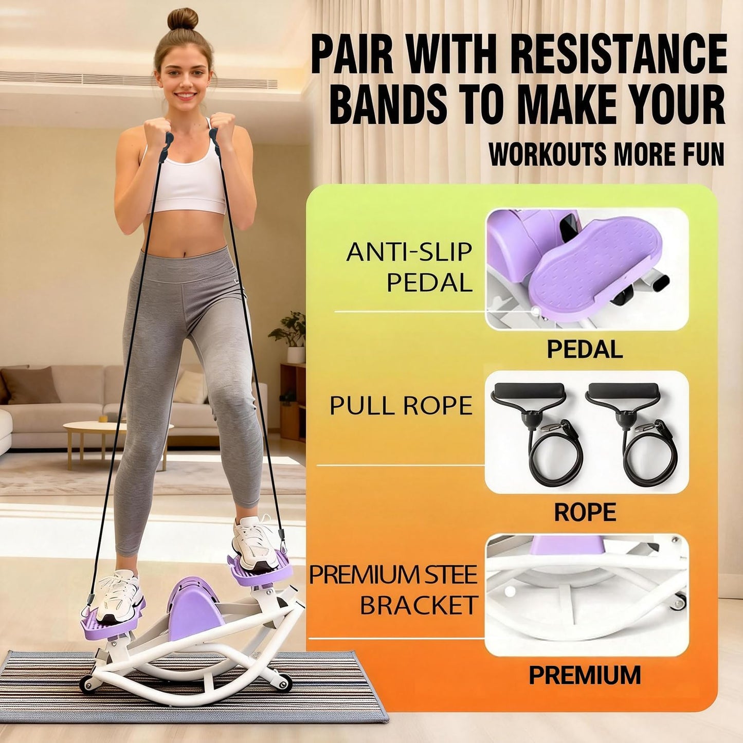 Flexella Rock Stepper, Side to Side Rocking Stepper Exercise Machine for Balance at Home, Low-Impact Lateral Stair Stepper with Resistance Bands & Digital Counter, 250 LBS Weight Capacity (Purple)