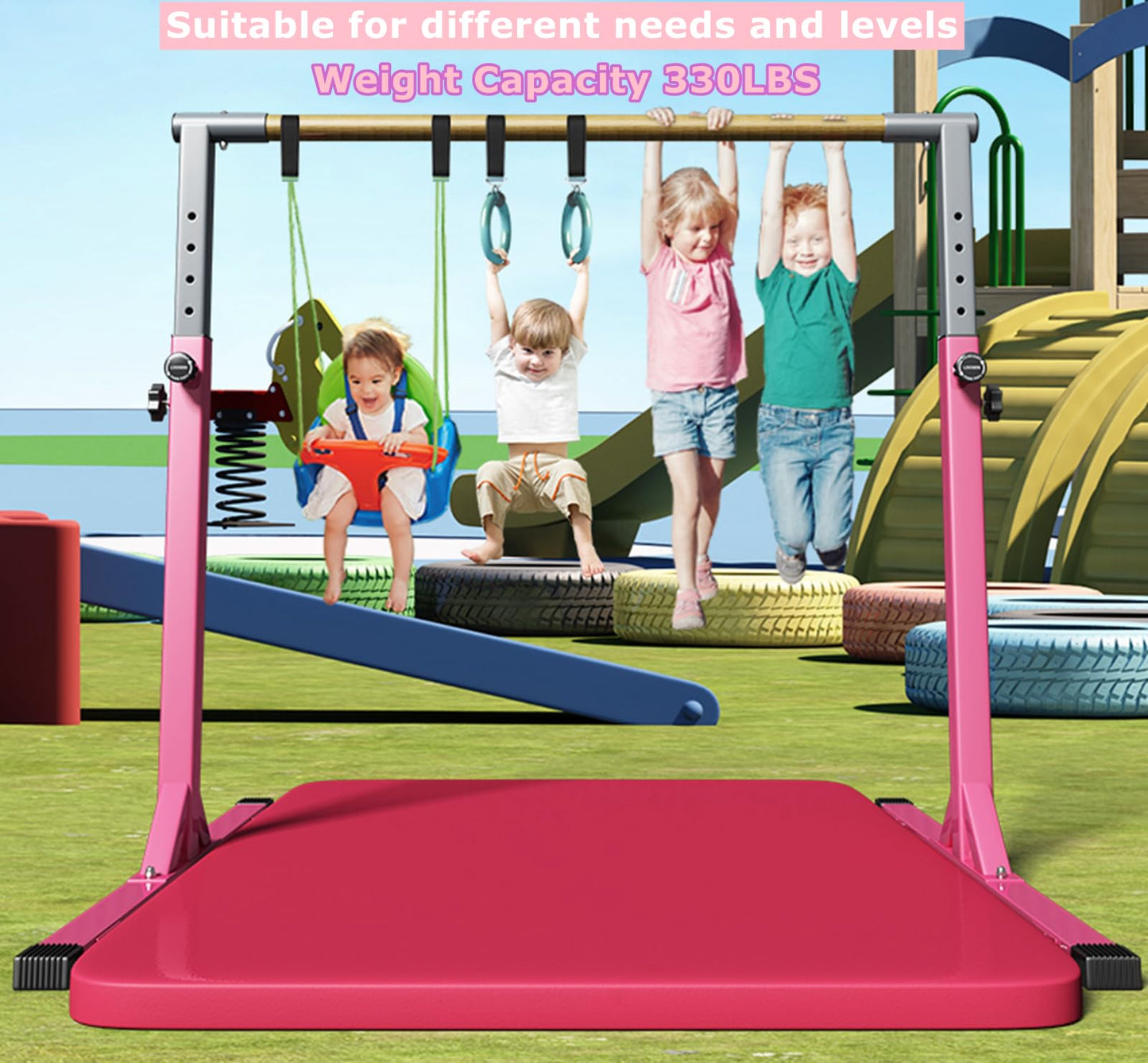 MEKETUM Gymnastic Kip Bar for Kids Training Horizontal Bars for Home Ages 3-15 Adjustable Height Non-Slip Gym Equipment Indoor with Rings