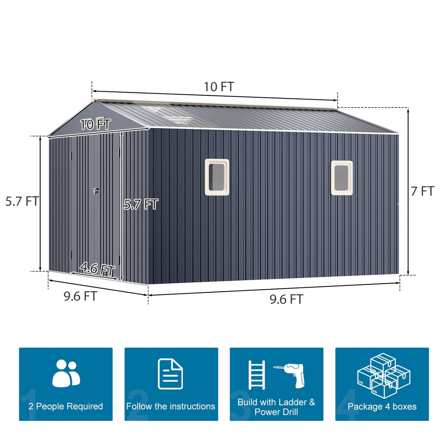 WELYAS 10x10 FT Metal Outdoor Storage Shed with Unique Floor Base Clear Roof Window Lockable Double Door Vent Heavy Duty Reinforced Frame Waterproof Sheds for Garden Large Lawnmower Tool,Dark Grey