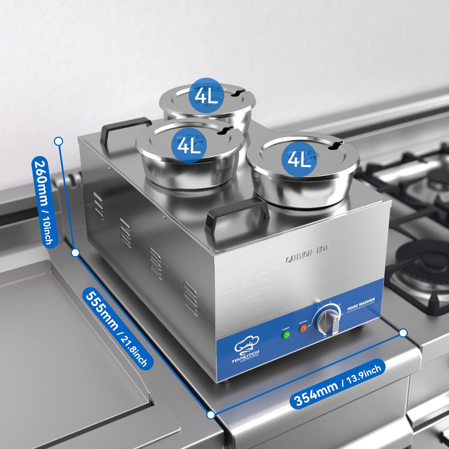 TOPKITCH ETL Listed Commercial 12L Soup Warmer with 3×4L Pot Buffet Bain Marie,Commercial Electric Food Warmer-120V 200W, Seamless One-Piece Tank, 30-85℃ Adjustable Temp Range.