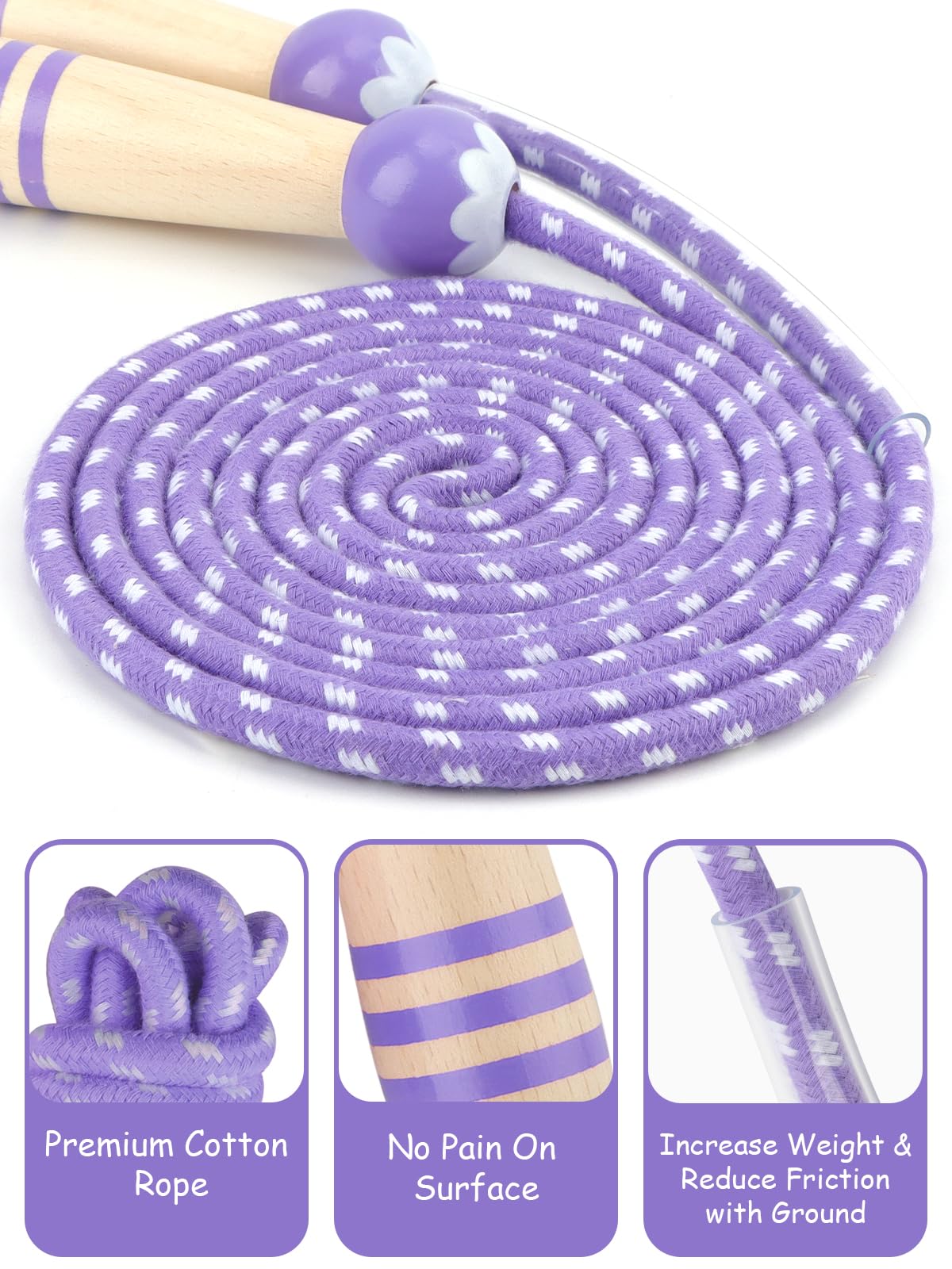 Lorvain Jump Rope Kids, 8.5FT Adjustable Cotton Skipping Rope with Wooden Handle for Girls and Boys Fitness Workout Exercise Outdoor Activity Children Students, Purple Jump Rope