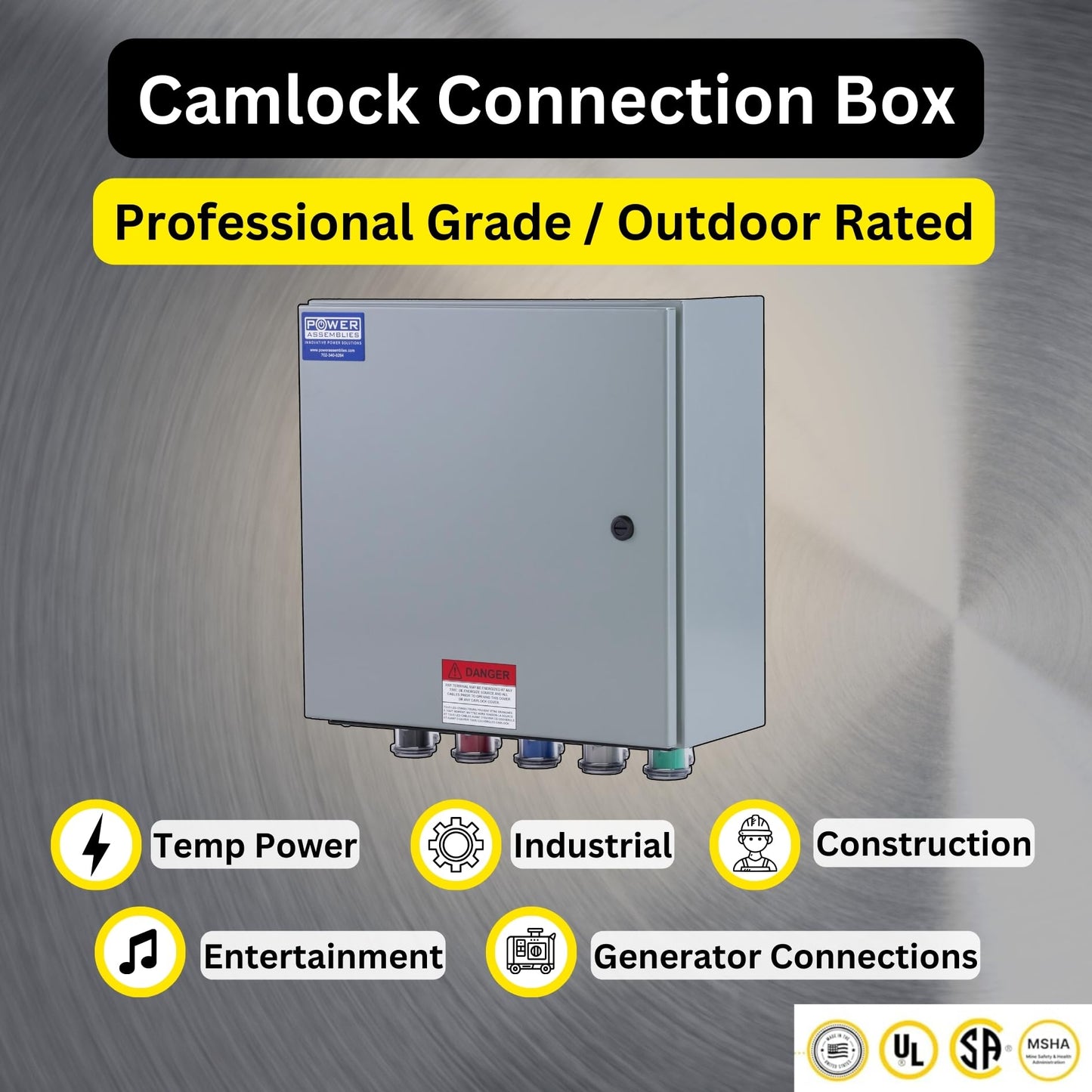 Power Assemblies Camlock Connection Box, 400 Amp, 120/208V, 3 Phase, 4 Wire, NEMA 4/12 Box with Camlock Series 16 Male Inputs, Double Set Screw Wall-Mount Power Distribution Box, BLK/RED/BLU/WHT/GRN