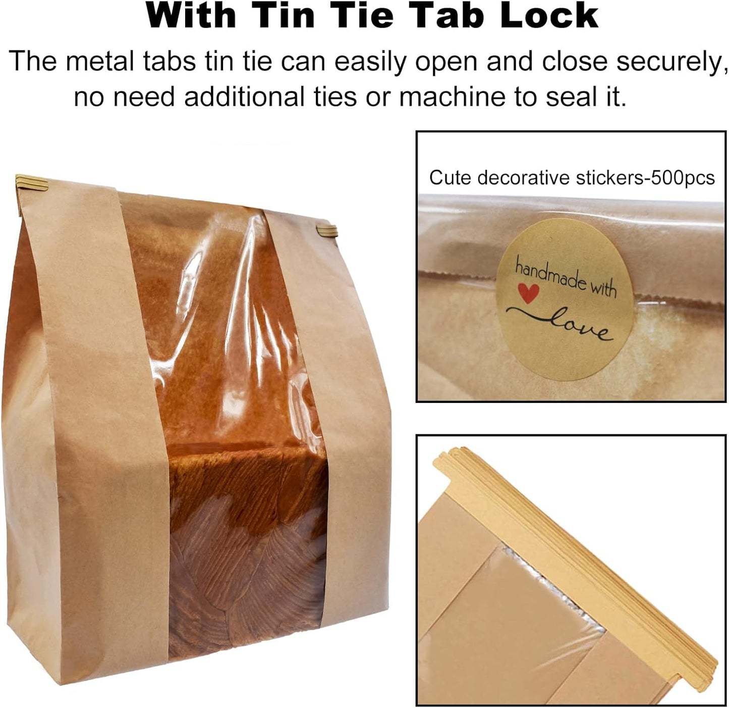 NOONEAST 50 Pack Large Paper Bread Bags for Homemade Bread Sourdough Bags 14" x 8.3" x 3.5" with Tin Tie Tab Lock Clear Front Window Bakery Bag Packaging Cookie Bag with Label Seal Stickers