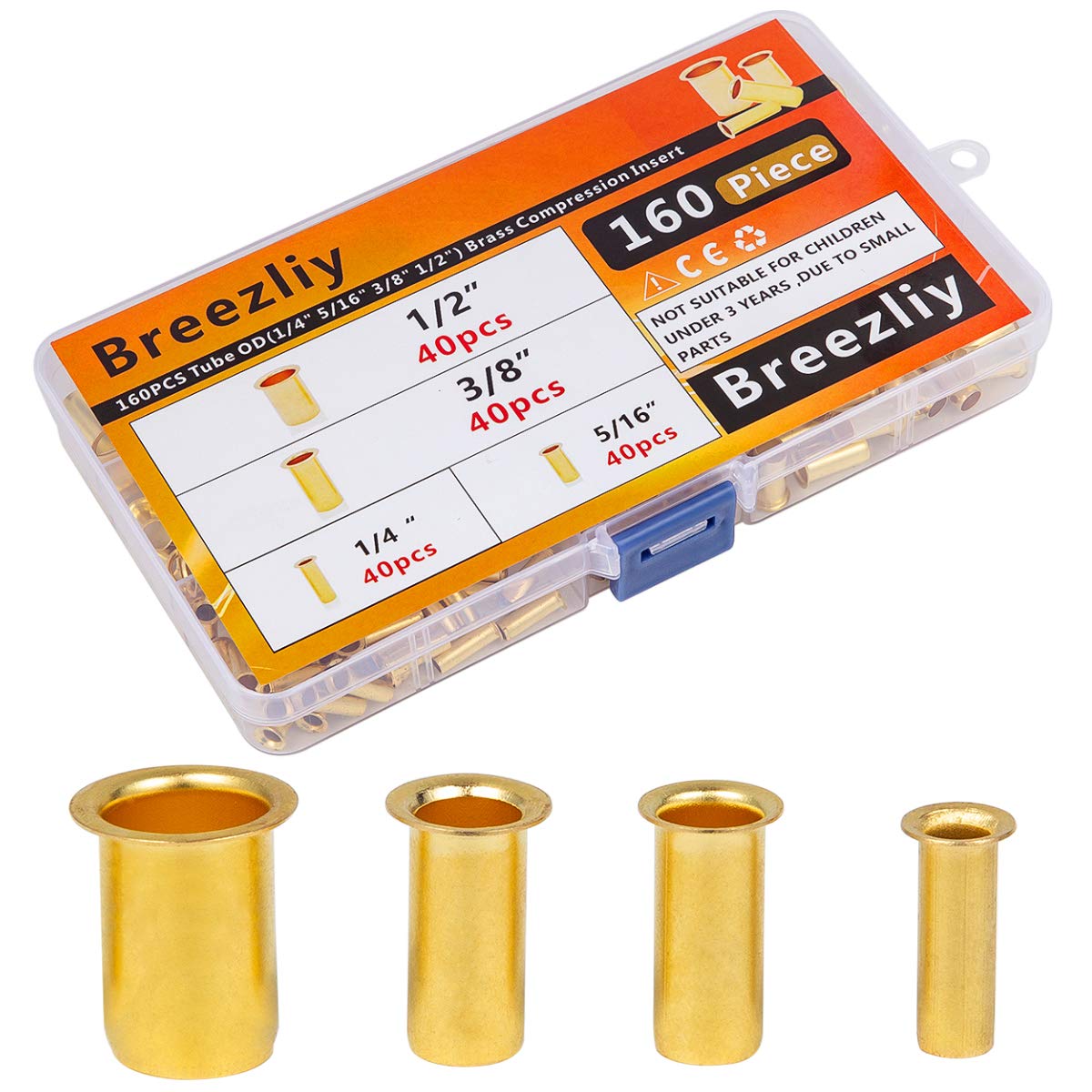 Breezliy 160pcs Tube OD(1/4" 5/16'' 3/8" 1/2") Brass Compression Insert,Brass Compression Fitting Assortment Kit, Insert Tube Support Compression Sleeve Fitting
