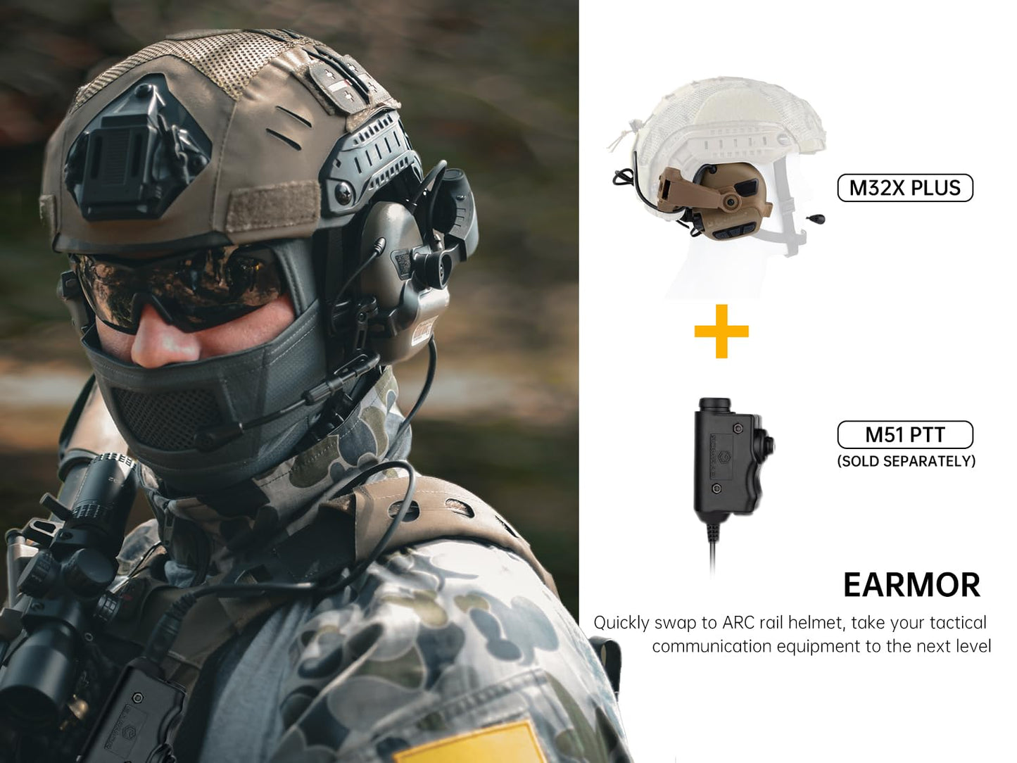 OPSMEN Upgrade EARMOR M32X PLUS Tactical Headset with MIC, Nato TP120 & U-174 Connector and ARC Rail Helmet Adapters, Noise Cancelling Ear Muffs Electronic Hearing Protection for Shooters