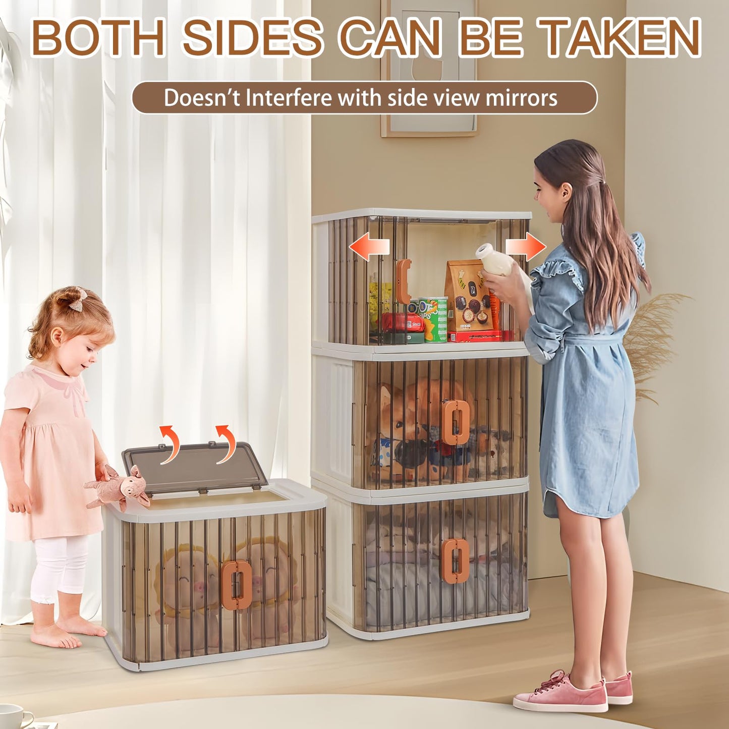 CIWEI Foldable Storage Cabinet with Wheels, 3 -Tier Stackable Storage Bins with Doors and Wheels Adjustable Shelves for Kids Free Standing Shoe Shelf Cabinet for Kitchen Bathroom
