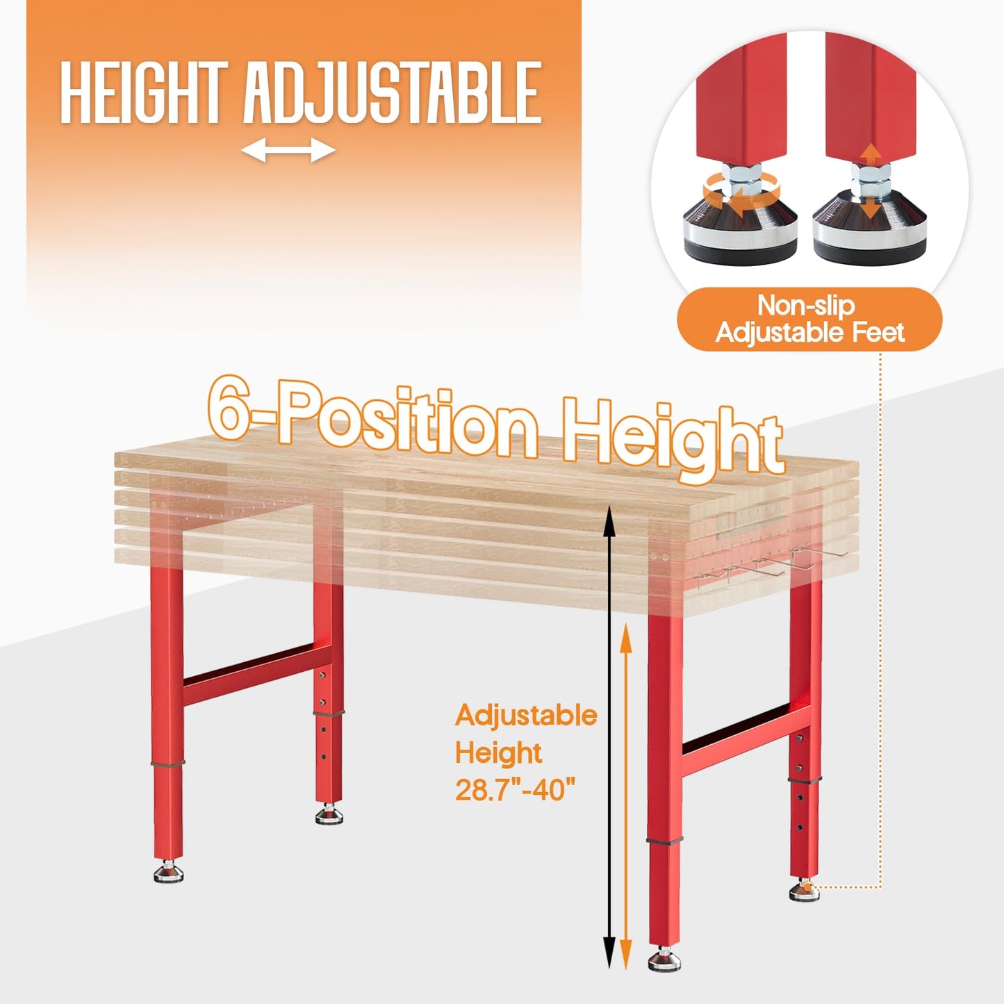 SPECRAFT Red Adjustable Heavy Duty Workbench with 4 AC Outlet and 2 USB Ports Power Outlets, 2000 Lbs Capacity, Rubber Wood Top for Garage, Workshop, Office