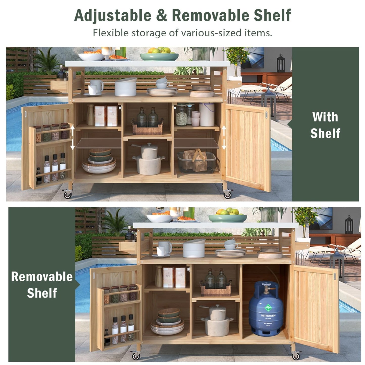 DFCHLDA Outdoor Kitchen Island Rolling Bar Cart & Storage Cabinet, Farmhouse Solid Wood Grill Table with Stainless Steel Top, Spice Rack & Towel Rack for Kitchen & BBQ(Natural, 50.25inch)