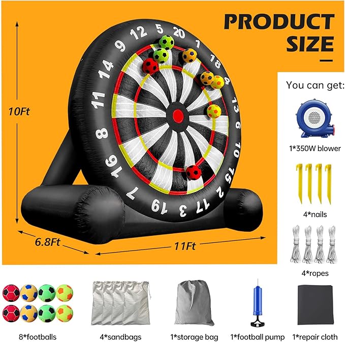 WARSUN 10Ft Giant Inflatable Soccer Darts Board Outdoor Dart Board with 8 Soccer Balls & 350W Blower for School Gym Camp Yard Sport Game(Black)
