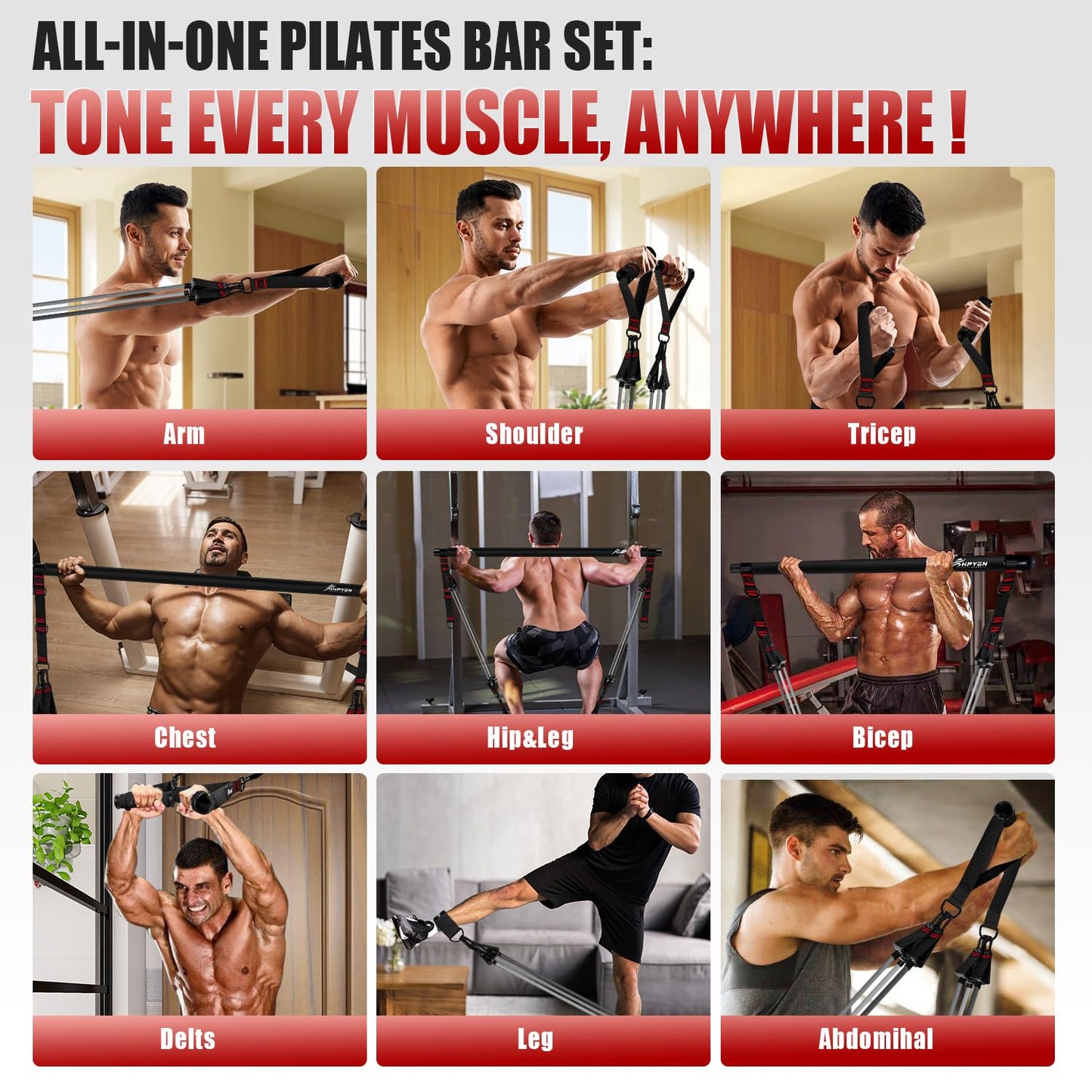 HPYGN Pilates Bar Kit with Resistance Bands, Heavy Duty Multifunctional Pilates Workout Equipment for Strength Training, HIP, Back, Arms, Ab, Shoulders, Portable Home Gym & Travel Fitness Gear for Men