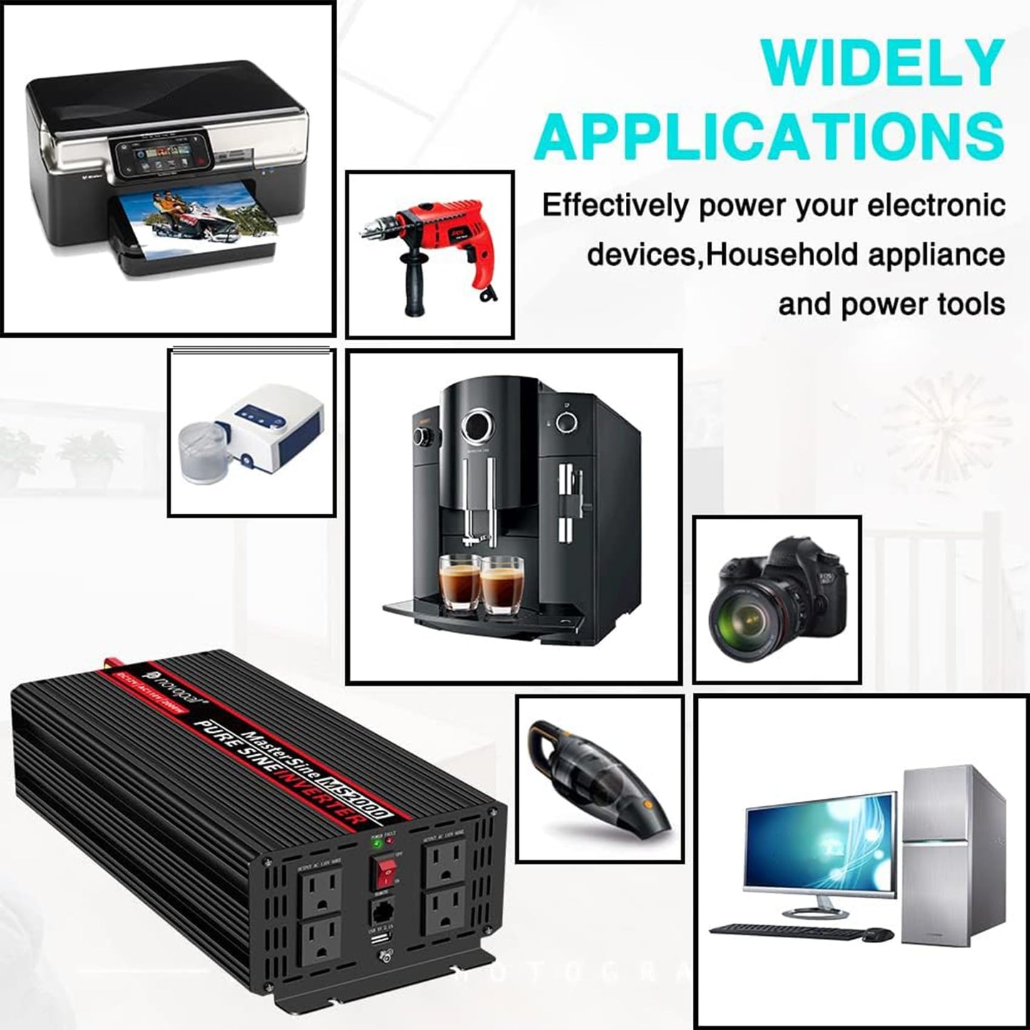 NOVOPAL 2000W Pure Sine Wave Power Inverter 2000 Watt 12V DC to 110V 120V AC,4 AC Outlets, 1 x USB Ports for Off-Grid Solar Car RV Truck Boat with 16FT Wired Remote