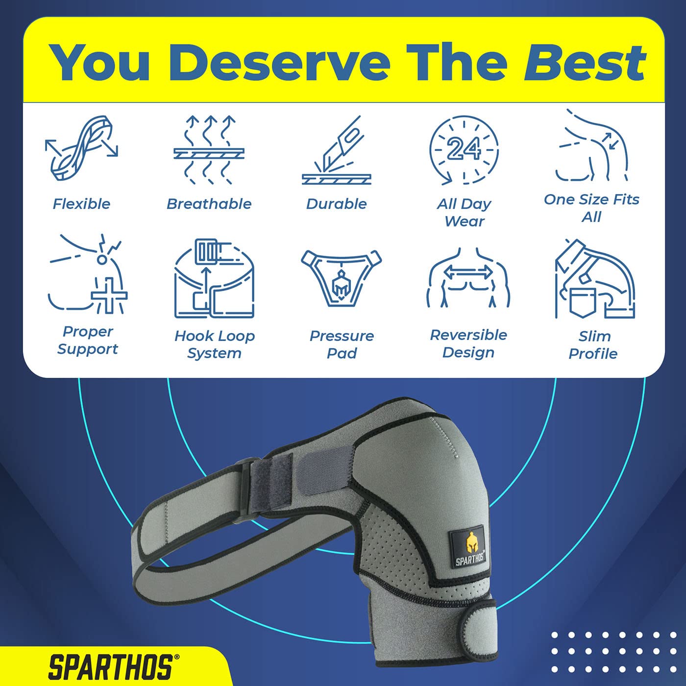 Sparthos Shoulder Brace - Adjustable Support Sleeve for Torn Rotator Cuff, AC Joint Relief, Shoulder Stability & Compression - Fits Bicep 10-14 in, Left or Right, Men & Women - Measure Before Purchase