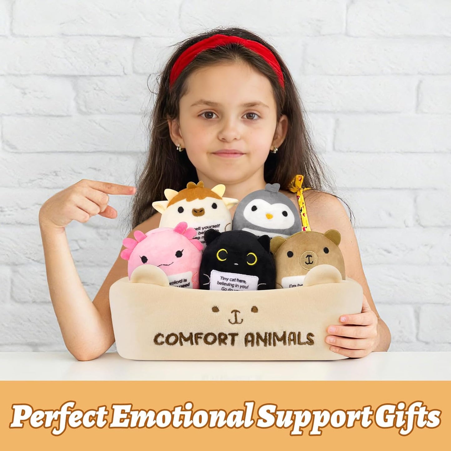 Skiennix Emotional Support Plush Animal Set - 6 Cute Stuffed Toys with Positive Messages | Soft Plushies in Basket