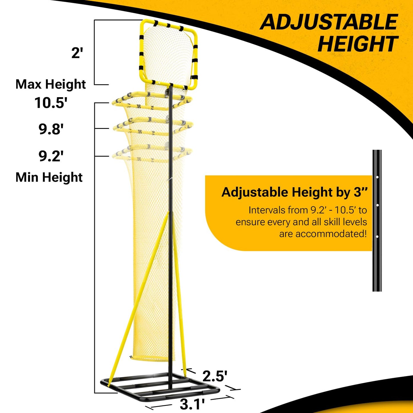 Dimples Excel 10.5 FT Adjustable Volleyball Setter Training Net with 3 Height Levels and 5 Ball Return Angles (70°–180°), Includes Volleyball, Pump, Carry Bag & Sandbags for Indoor/Outdoor Practice
