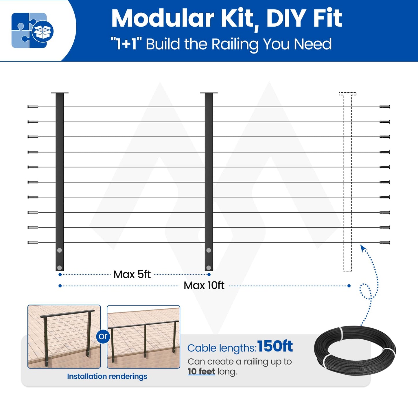 Muzata 5-10FT Modular Black Side Mount Cable Railing Kit 36 Inch 2 Level Post Kit Complete Set Cable Railing System for Decks Length Adjustable with Paper User Guide (No Handrail) RWF2 BH4S