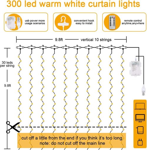 AOMIG Fairy Curtain Lights - 300 LED Warm White String Lights | 9.8x9.8Ft Waterproof with Remote Control