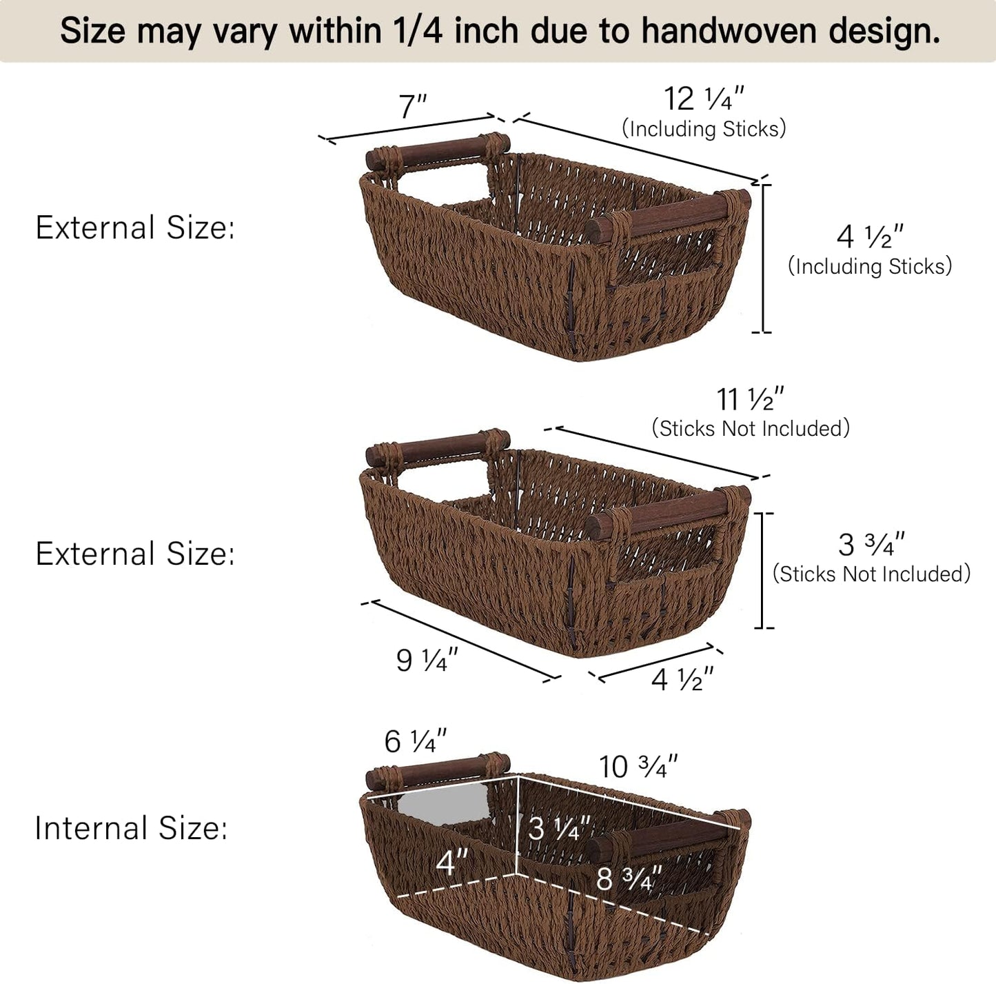StorageWorks Handwoven Wicker Baskets - Round Paper Rope Storage with Wooden Handles | Dark Brown, 2-Pack