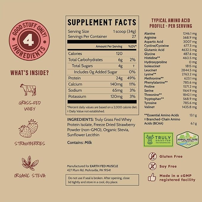 Earth Fed Muscle Strawberry?¯Feels??Forever) ??Irish Truly Grass?‘Fed Whey Protein Isolate, No Sugar, Soy?‘Free, Gluten?‘Free (2 lb, 29 Servings, Strawberry)