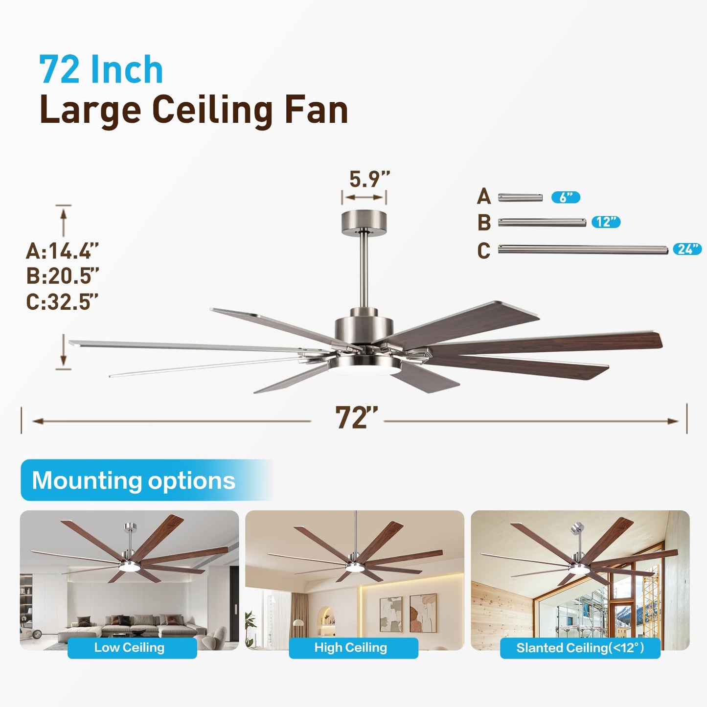 Minislak 72Inch Large Brushed Nickel Ceiling Fans with Light and Remote Control,8 Wooden Blades,6-Speeed,3CCT,Quiet Reversible DC Motor,Indoor Outdoor Ceiling Fan for Patio/Living Room/Garden