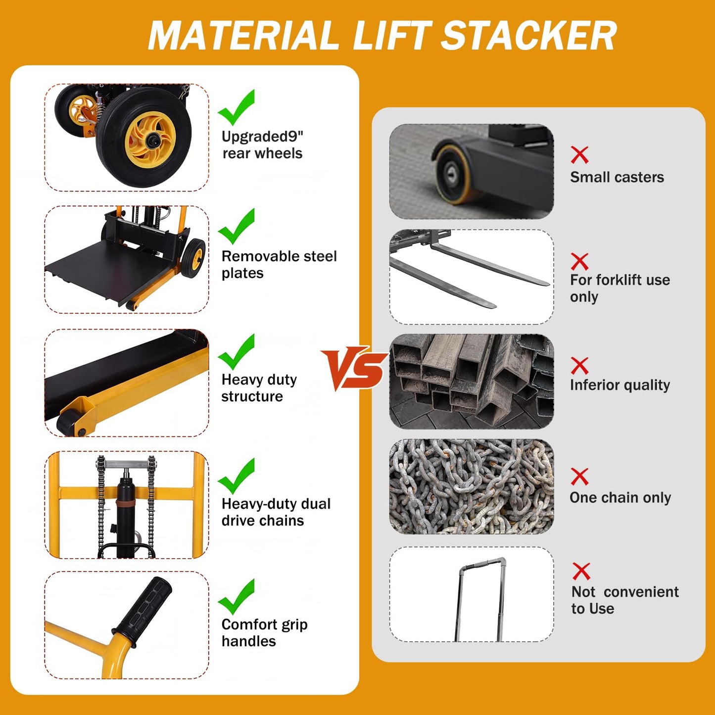 900 lb Hydraulic Material Lift Stacker, Manual Pallet Truck Dolly with Lift Table, 40" Max Lift Height, Steel Fork Platform Cart with Swivel Casters for Warehouse & Industrial Use (Yellow & Black)