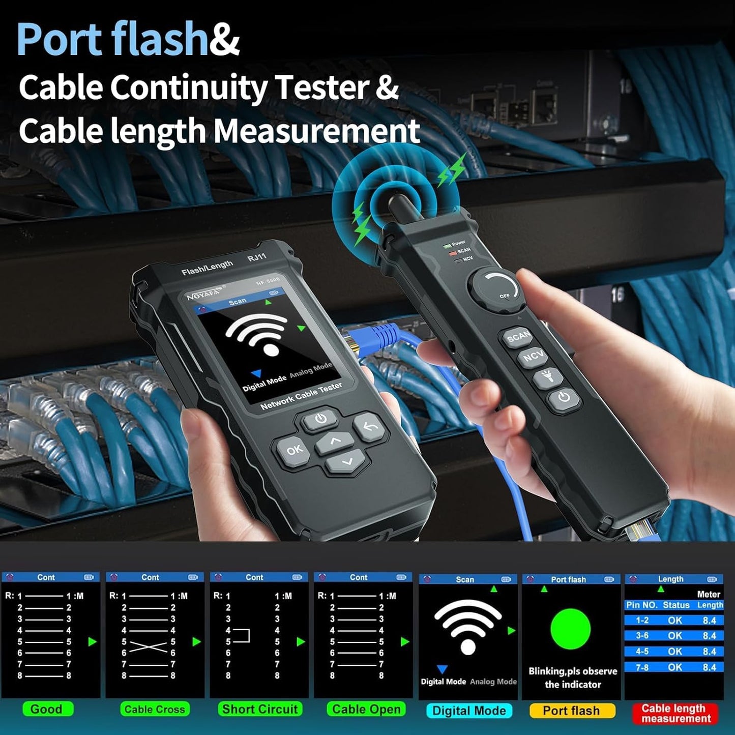 NOYAFA NF-8506 Network Cable Tester with RJ45 Crimp Tool, CAT5 CAT6 Network Tester, IP Scan, PoE Ping Test, Network Rate Test, Port Flashing, RJ45 RJ11 Ethernet Cable Tester with Crimper Stripper