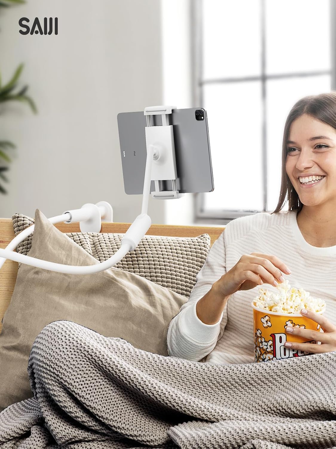 SAIJI 47" 4.7-13" Gooseneck Tablet Holder for Bed, One-Hand Adjustable, Length, Upgraded Base, iPad Holder Stand