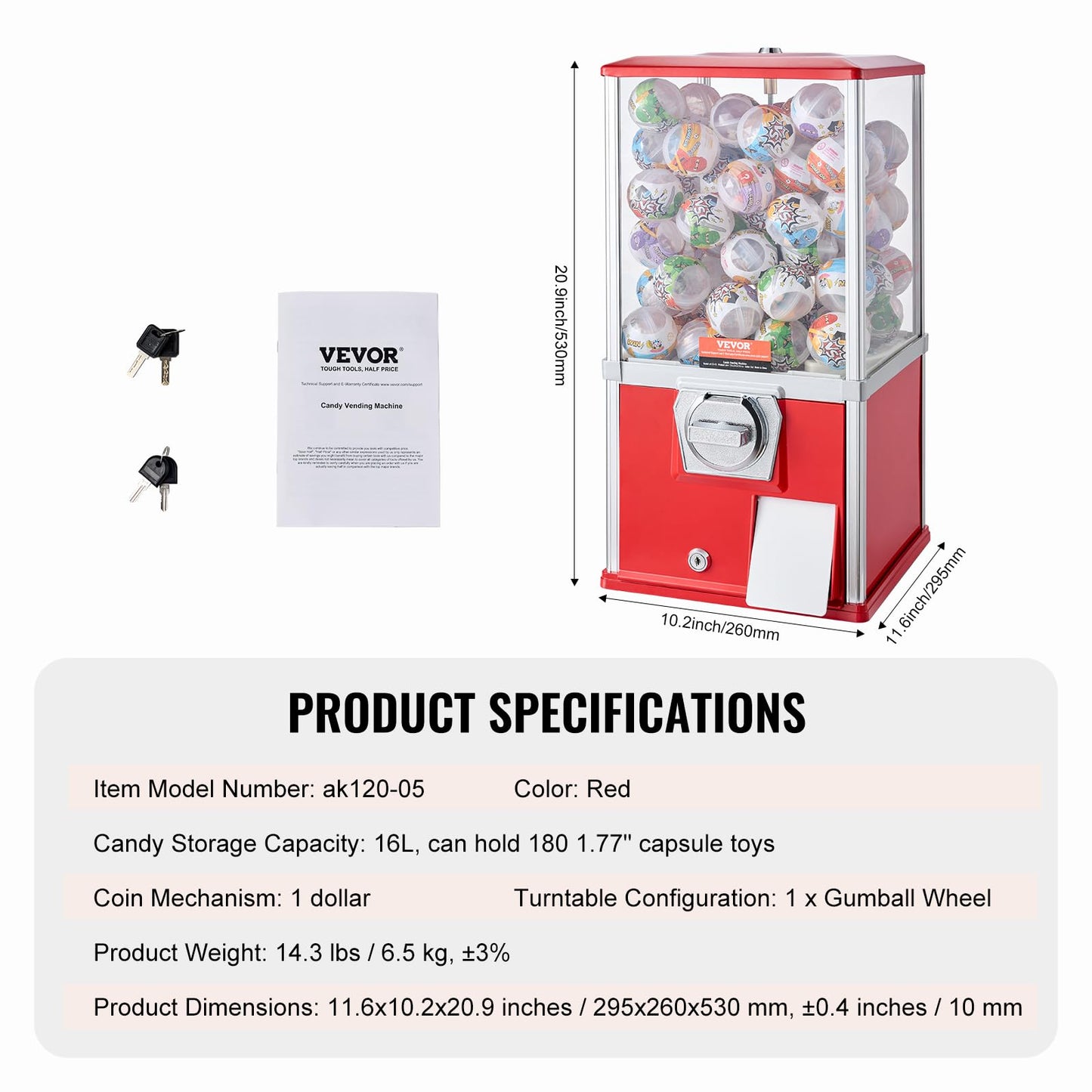 VEVOR Gumball Machine, 21" Height Home Vending Machine, PS Bouncy Balls Dispenser, Hold 180 Capsule Toys, Rectangle Bubble Gum Machine for Game Stores, Coin Operated Gumball Bank, Red