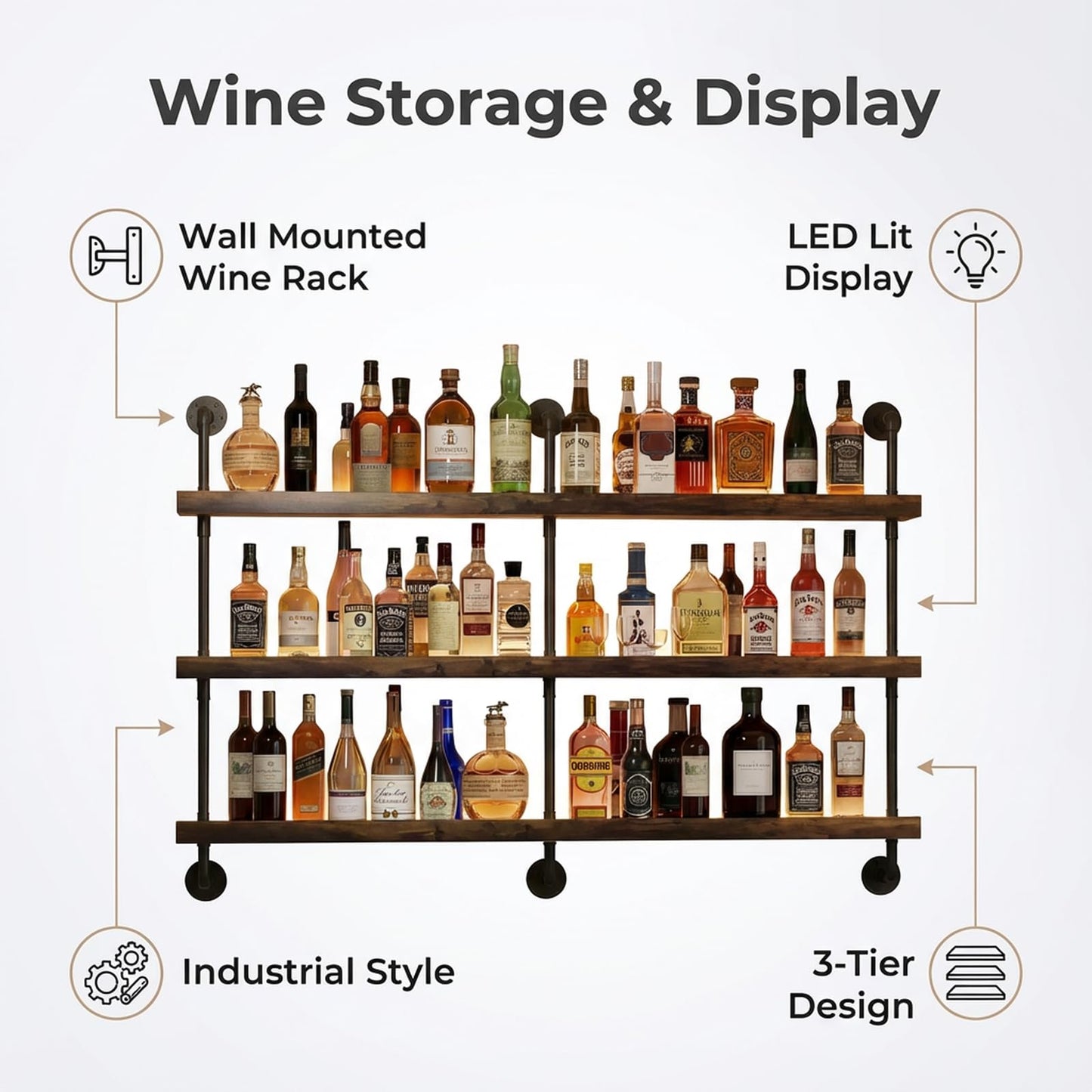 Woskar 3-Tier Wall Mounted Wine Rack, Industrial Pipe Bar Shelf for Wine Bottle Storage, Industrial Pipe Shelves Shelf Shelving for Home Bar Dining Room Kitchen (47.2" W x 47.2" H)