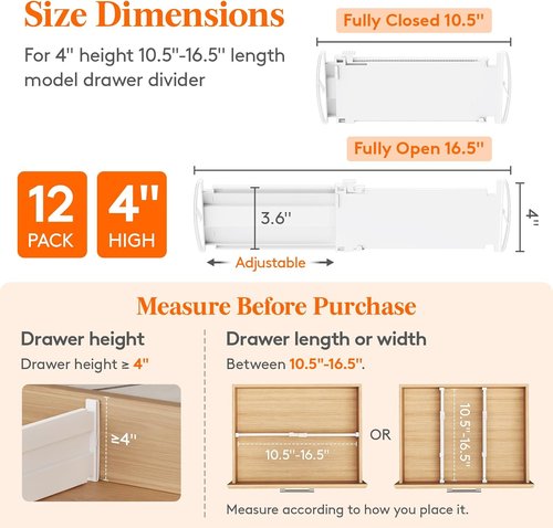 Lifewit Drawer Dividers - Expandable 12 Pack for Clothes | Adjustable Organizers 27-42cm/10.5-16.5" White