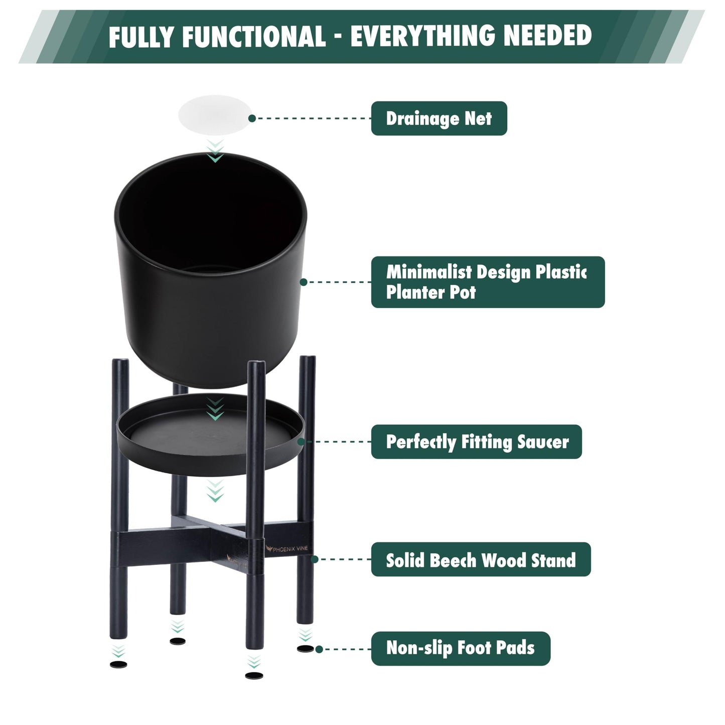 D'vine Dev Planter Pot with Stand - 14 Inch Plastic Cylinder Flower Pot with Wood Planter Holder for Indoor, Matte Black Pot + Ebony Stand, 55-C-T-2