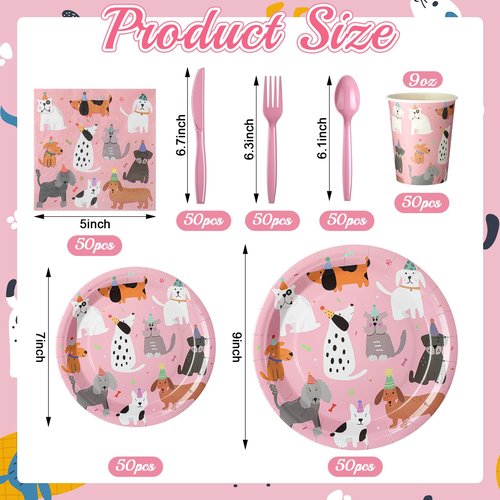 Jinei 350 Pcs Dog Birthday Party Supplies Pink Dog Tableware Set Serves 50 Guests Puppy Birthday Decorations Includes Pink Puppy Plates Cups Napkins Forks Knives Spoons for Party Supplies