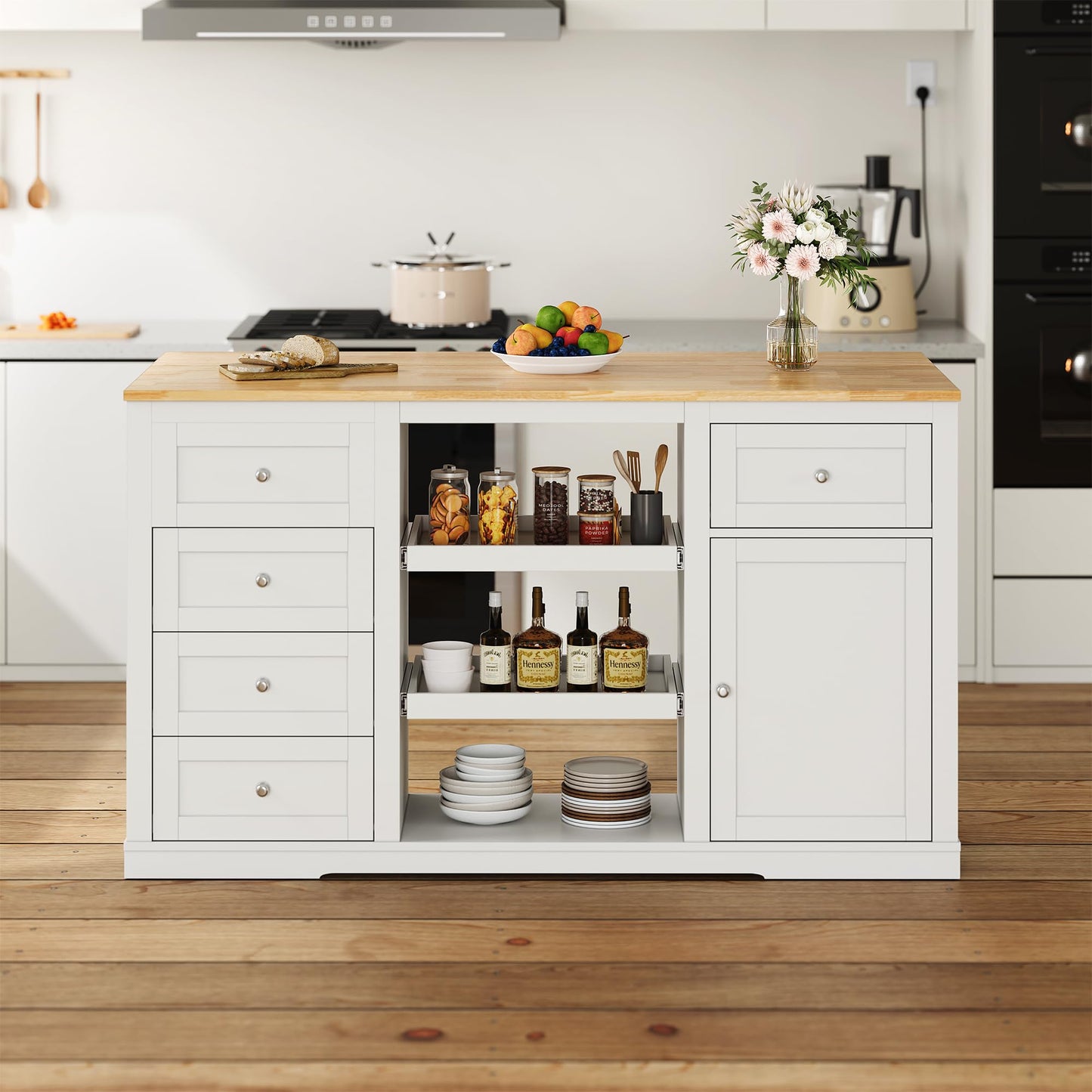 RoyalCraft 59'' Kitchen Island with Storage and Drop Leaf, Kitchen Island Table, Coffee Station Cabinet with Solid Rubber Wood Top, Pull-Out Trays, Drawers, Adjustable Shelves, Power Outlet, White
