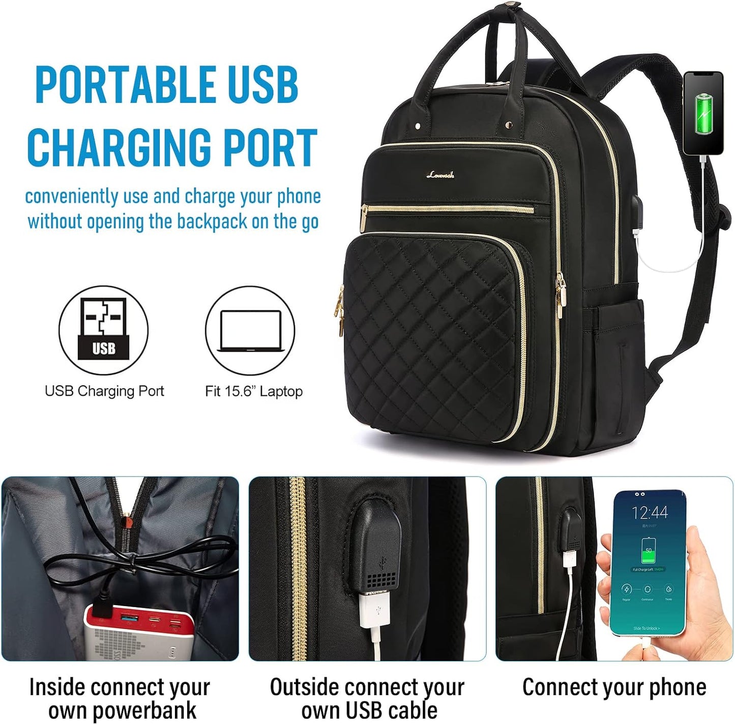 Backpack Backpacks 15.6" LOVEVOOK Laptop for Women, Water Resistant Travel Work Black Purse Business Teacher Nurse